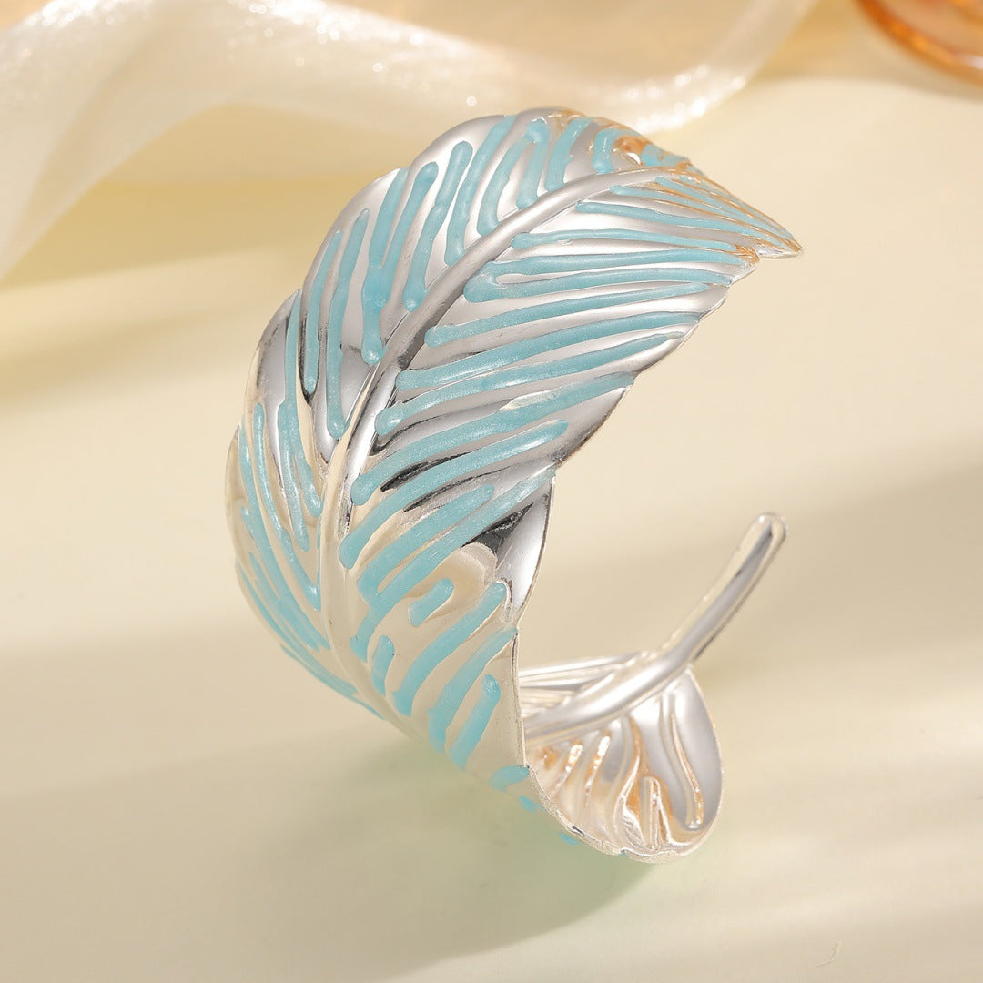 Ladies Open Cuff Bracelet in Tropical Leaf Design Style and Serve